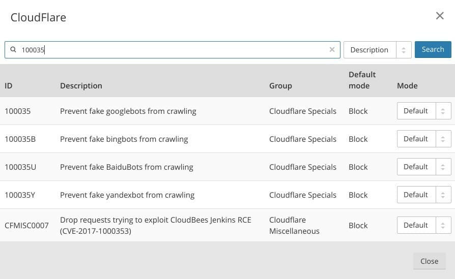 CloudFlare Google Fake Bot Settings