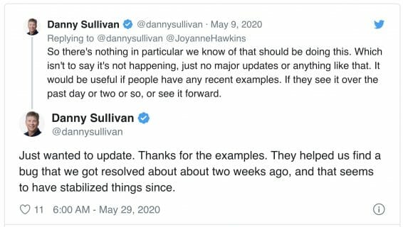 Danny Sulivan Tweet on may 2020 update bgs