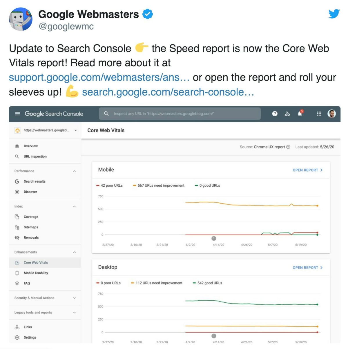 google web master tweet regarding search consolle speed report