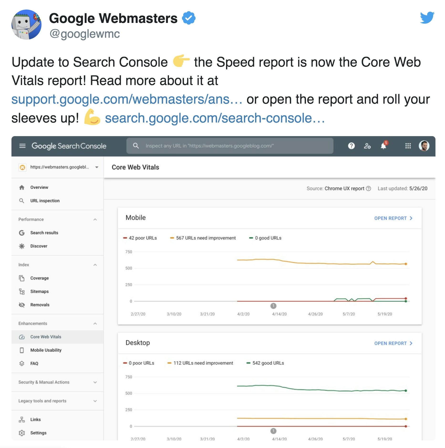 google web master tweet regarding search consolle speed report