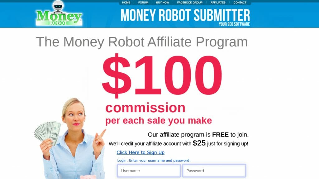 money robot affiliate program page