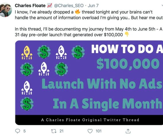 charles twitter post 100k launch