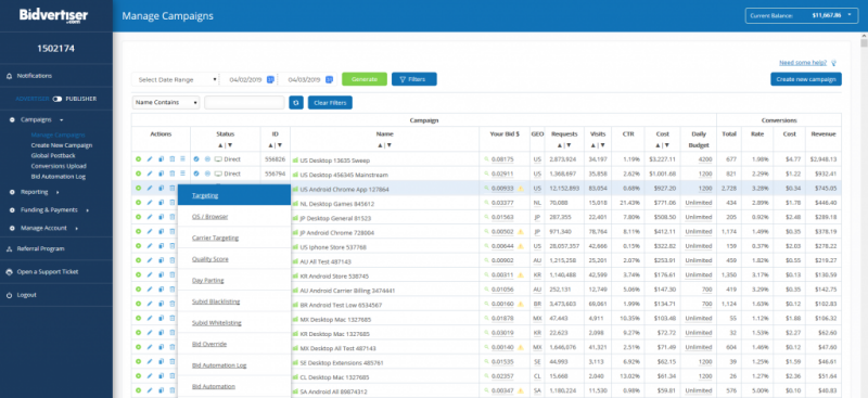 Bidvertiser dashboard targeting