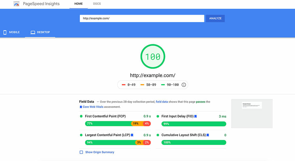 pagespeed insight sample test