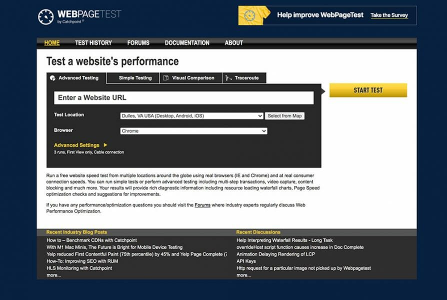 webpage test home screengrab