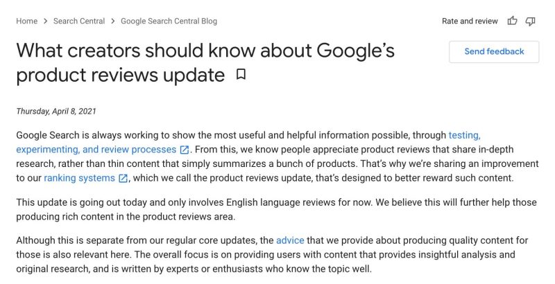 google produdct review affiliate websites update