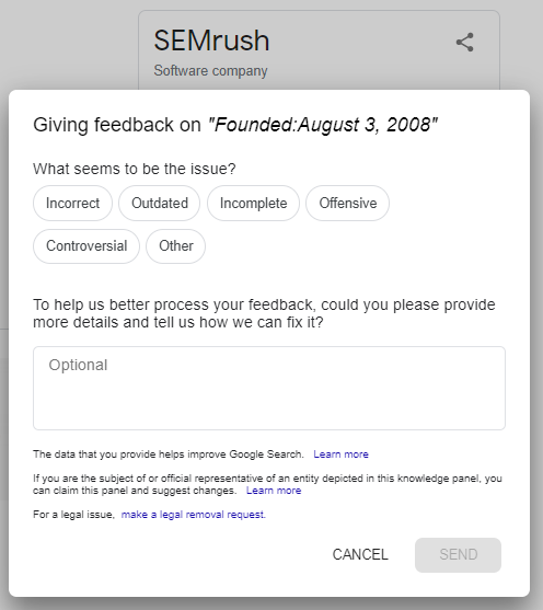 when was semrush founded google graph sample feedback