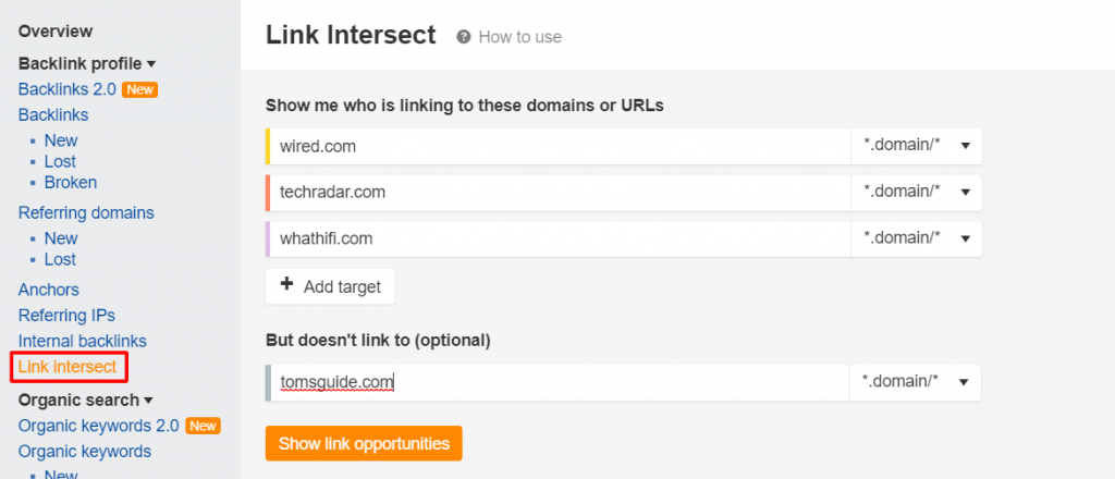 ahrefs link intersect settings