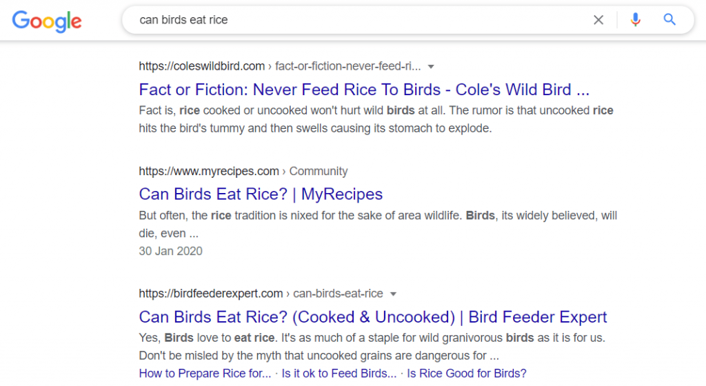 can birds eat rice google search result on page 1