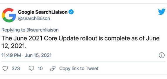 google search liaison tweet regarding june 2021 core update tweak