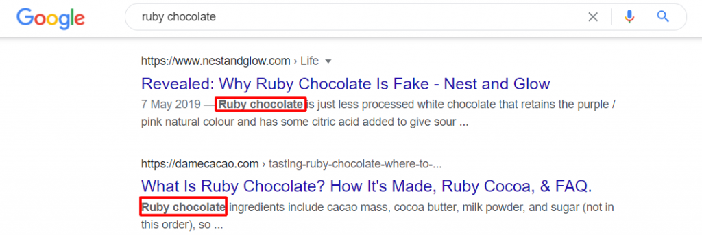 ruby chocolate keyword on meta descriptions