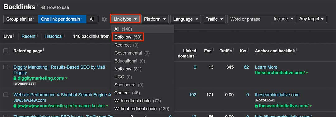 Link type filter on Ahrefs tsi