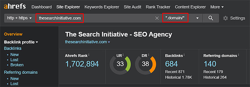 TSI backlink profile preview on ahrefs
