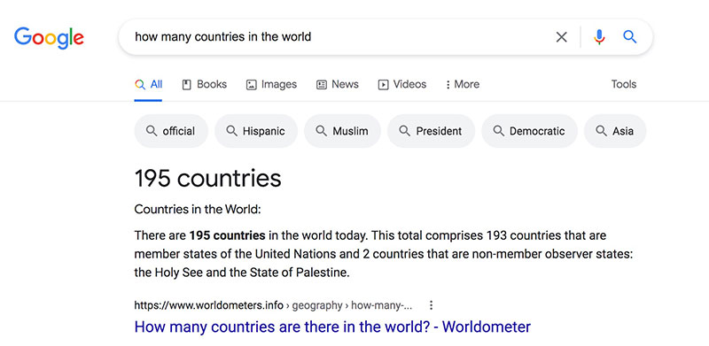 how many countries in the world search result on google