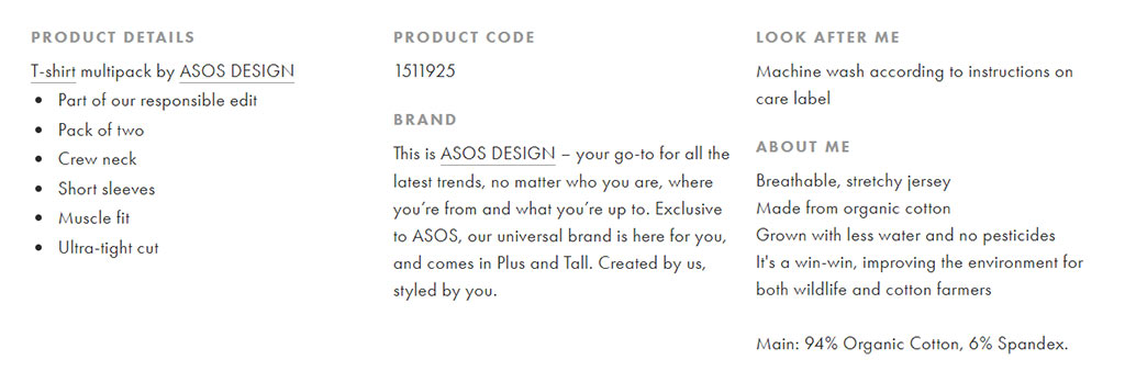 product description from Asos for men’s plain t-shirts
