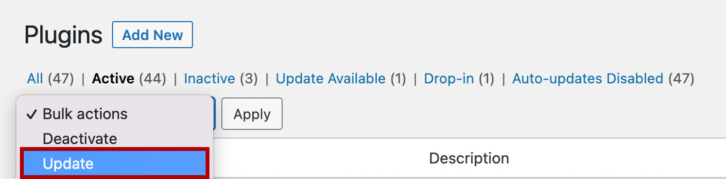 In the bulk actions dropdown, select “Update”
