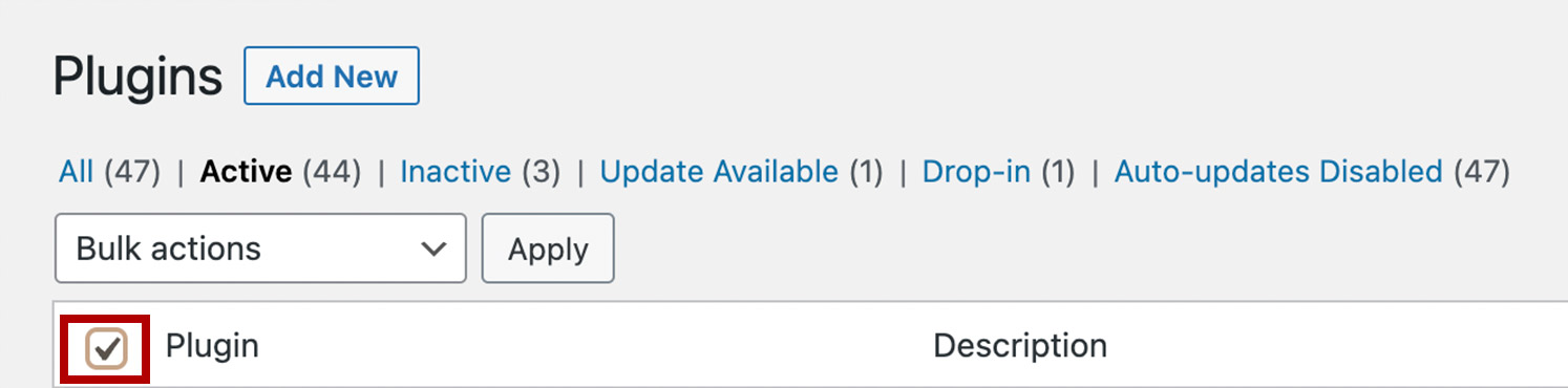 Use the top-left check box to select all your Active Plugins