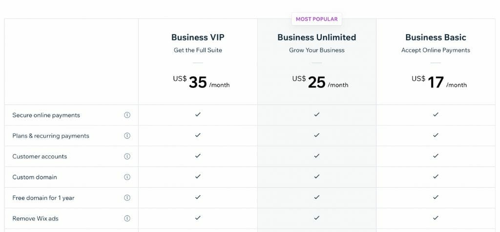 Wix Business Pricing