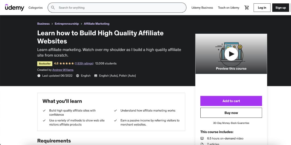 Learn How to Build High-Quality Affiliate Websites Course (Udemy)
