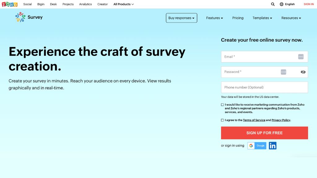 Zoho Survey Homepage