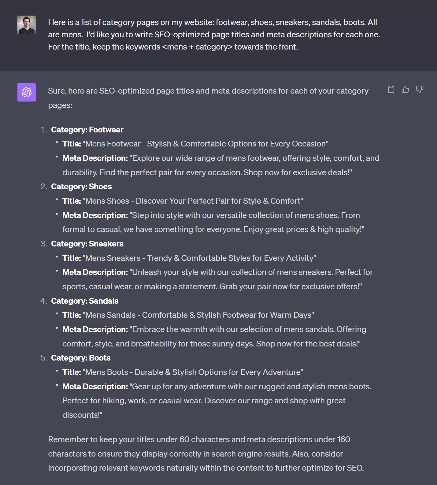 title and meta descriptions