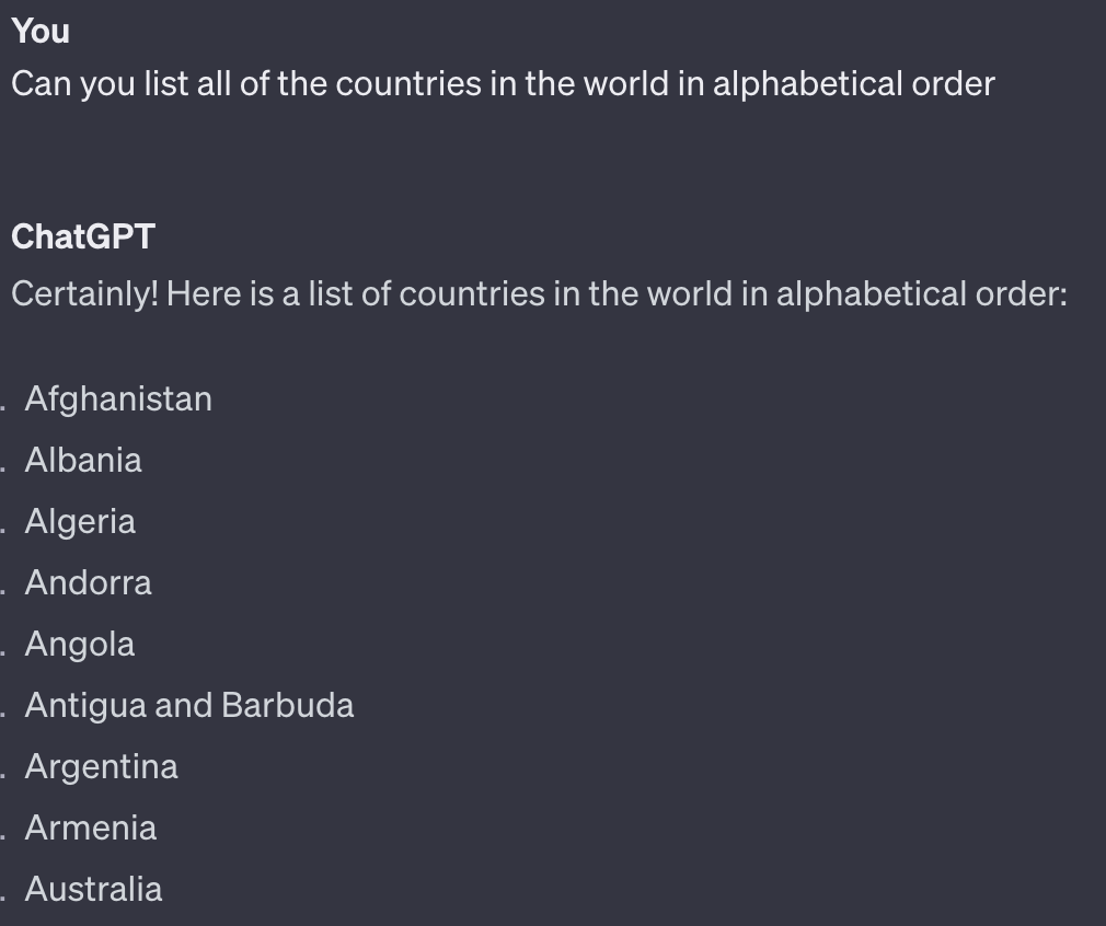 ChatGPT country list
